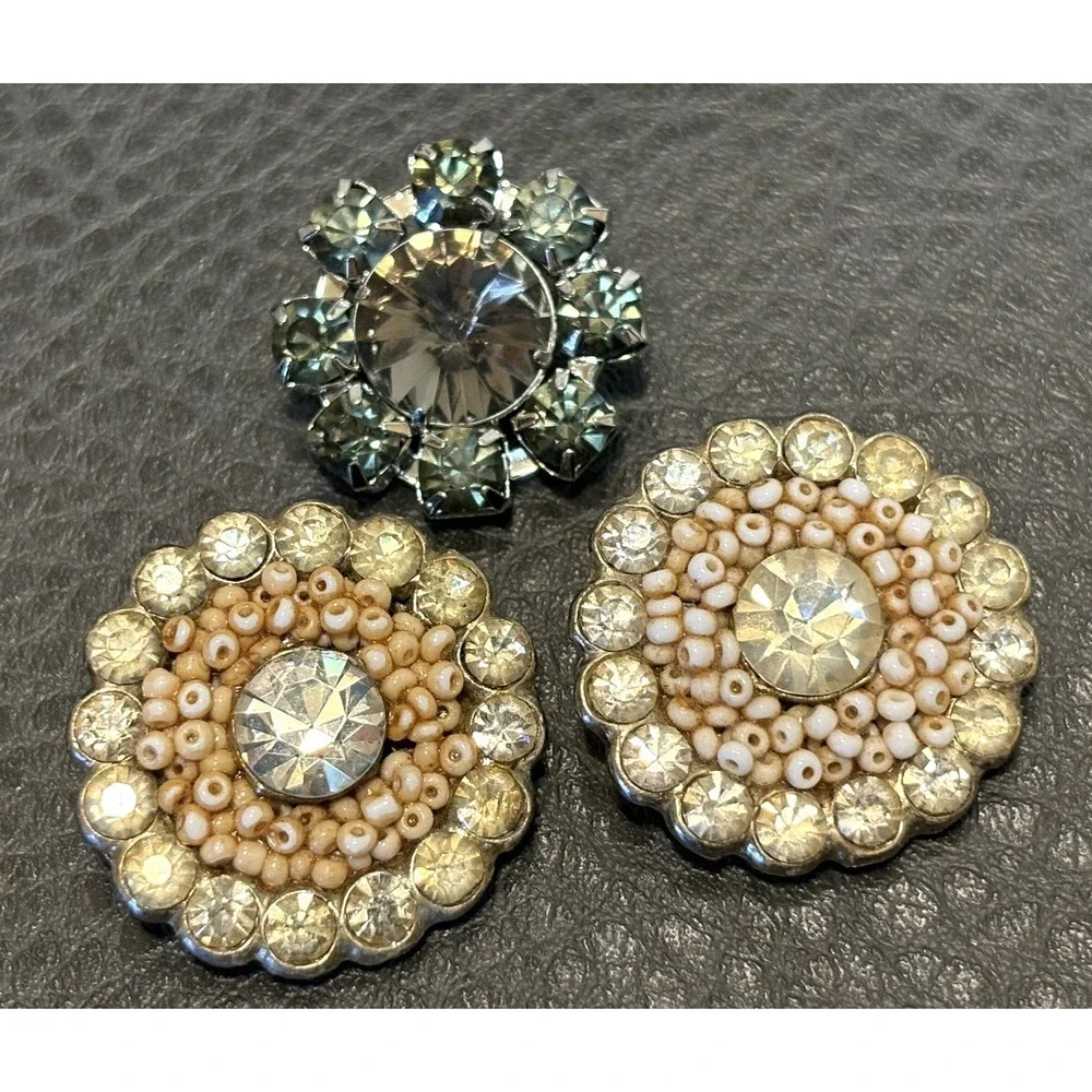 Vintage Lot Of 3 Crystal Rhinestone Buttons Some With Seed Bead Accents